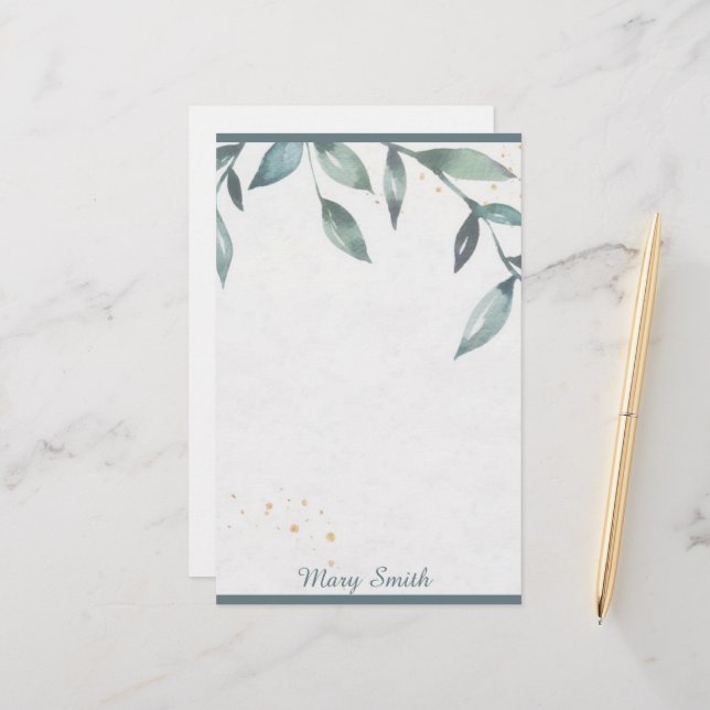 Watercolor leaves personalised  stationery (Front/Back In Situ)