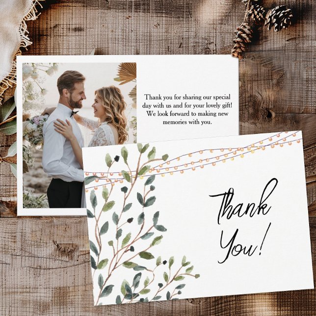 Watercolor Leaves Photo Wedding Thank You Card (Rustic botanical wedding thank you cards)