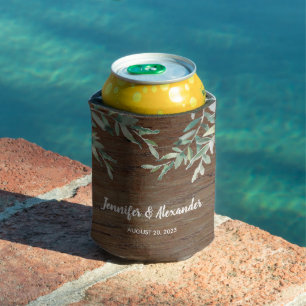 Watercolor leaves rustic wood Bride Groom Wedding Can Cooler
