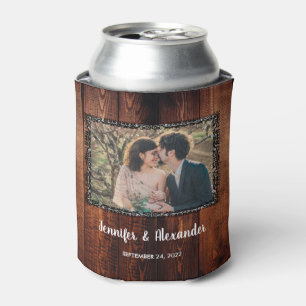 Watercolor leaves rustic wood photo wedding can co cooler