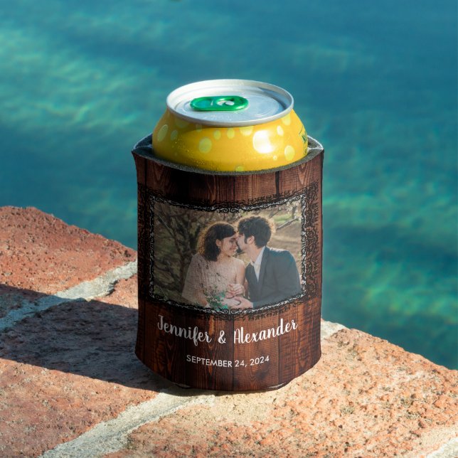 Watercolor leaves rustic wood photo wedding can cooler (In Situ Pool)