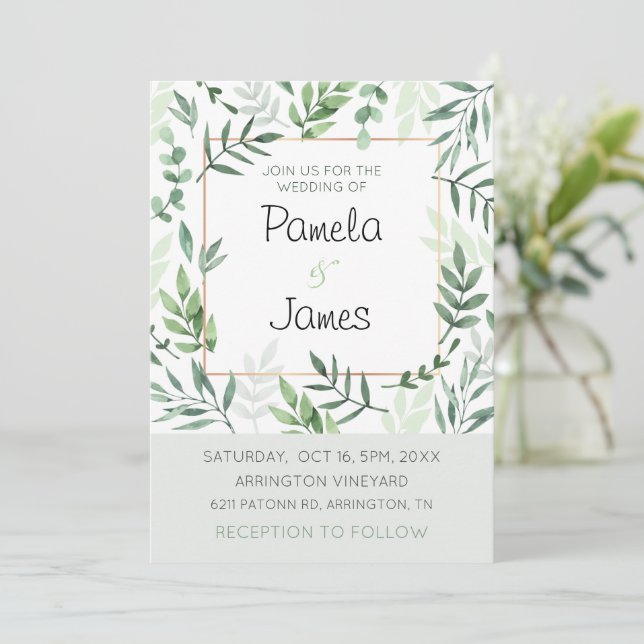 Watercolor Leaves Vineyard Wedding Invitation Card (Standing Front)