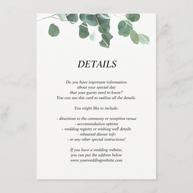 Watercolor leaves wedding details/information card (Front)