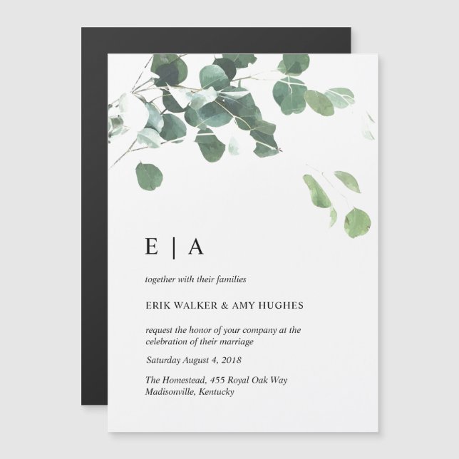 Watercolor leaves wedding magnetic invitation (Front/Back)