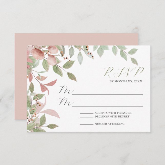 Watercolor Leaves Wedding Reply RSVP Card (Front/Back)