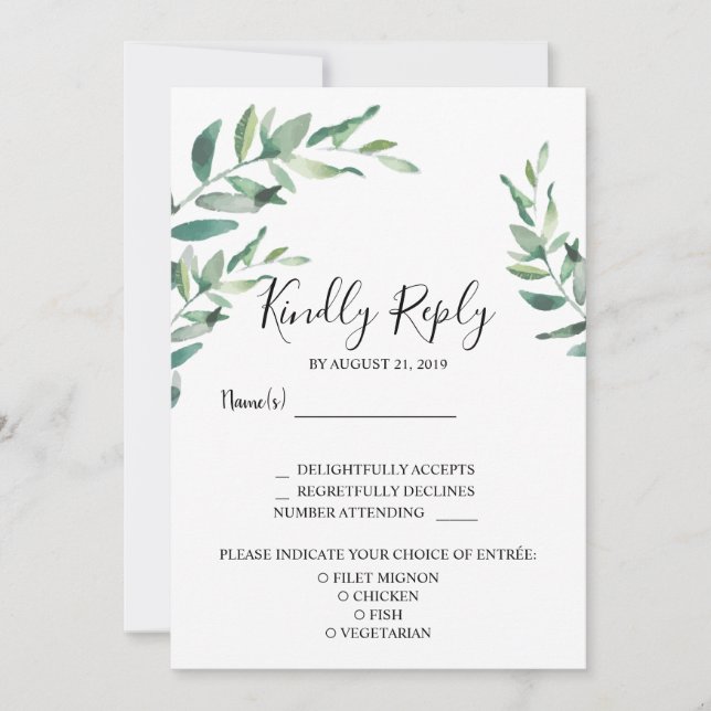 Watercolor leaves Wedding RSVP meal choice Invitation (Front)