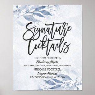 Watercolor Leaves Wedding Signature Drink Menu Poster
