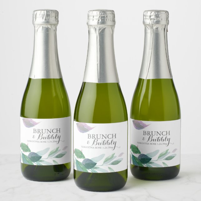 Watercolor Leaves Wedding Sparkling Wine Label (Bottles)