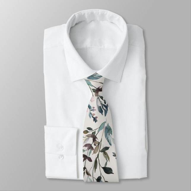 Watercolor Leaves with Monogram on inside Tie (Tied)