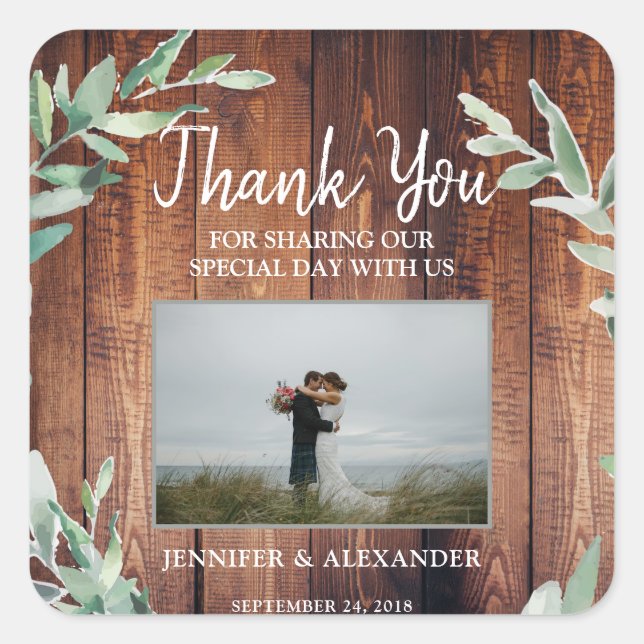 Watercolor leaves wood photo Wedding Thank You Square Sticker (Front)