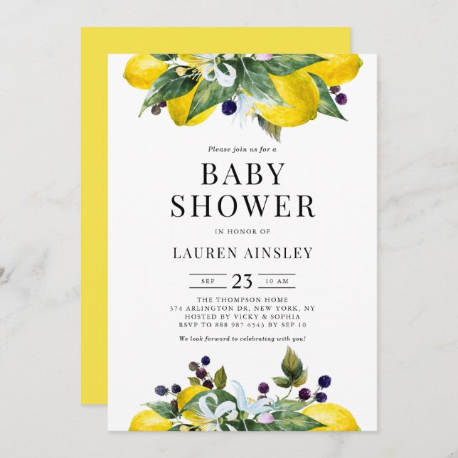 Watercolor Lemon and Blackberry Summer Baby Shower Invitation (Front/Back)