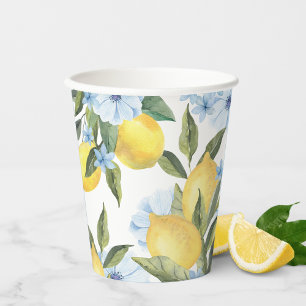 Watercolor Lemon and Blue Flower Paper Cups