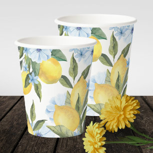 Watercolor Lemon and Blue Flower Paper Cups