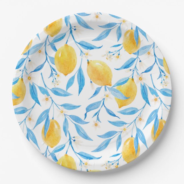 Watercolor Lemon and Blue Leaves Paper Plate (Front)