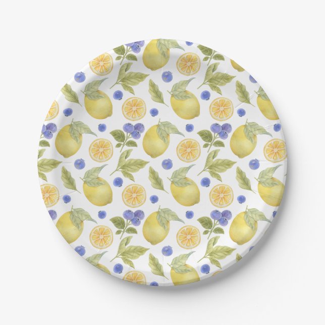 Watercolor Lemon and Blueberry Fruit with Leaves  Paper Plate (Front)
