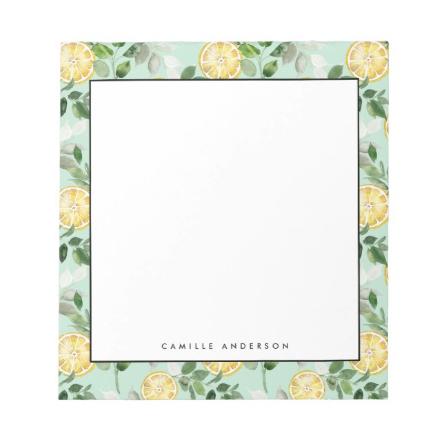 Watercolor Lemon and Greenery Pattern Personalised Notepad (Front)