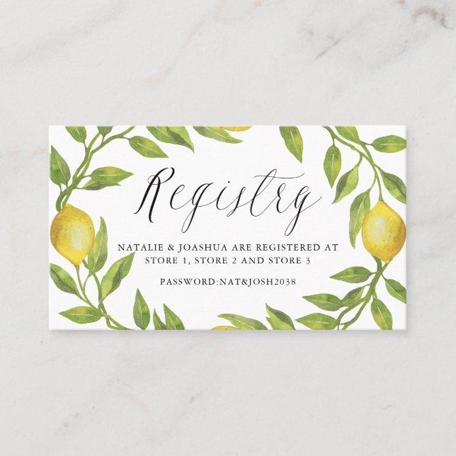 Watercolor Lemon and Greenery Wreath Registry Card (Front)