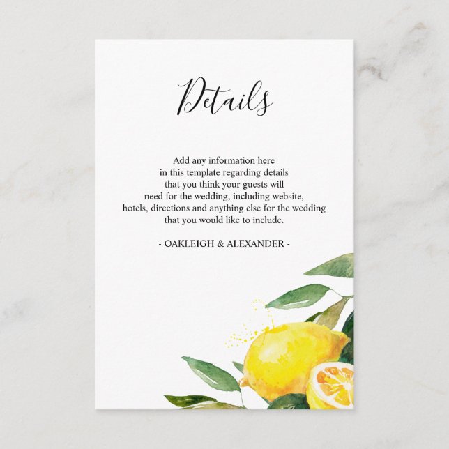 Watercolor Lemon and Leaves Wedding Details Enclosure Card (Front)