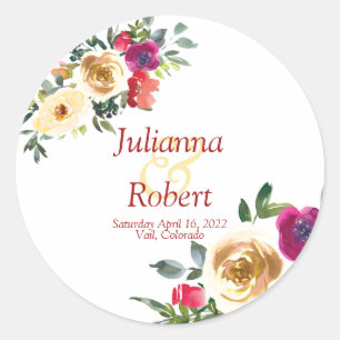 Watercolor lemon and magenta floral wedding classi classic round sticker