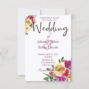 Watercolor lemon and magenta floral wedding invita invitation