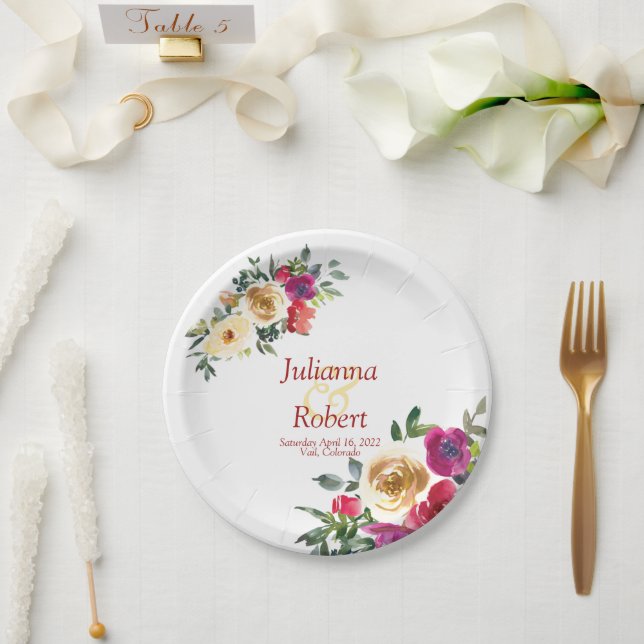 Watercolor lemon and magenta floral wedding  paper plate (Wedding)