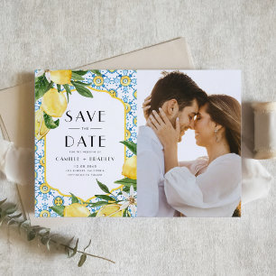 Watercolor Lemon and Moroccan Tile QR Code Photo Save The Date