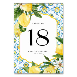 Watercolor Lemon and Moroccan Tile Wedding Table Number