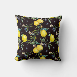 Watercolor lemon and olive branches seamless patte cushion