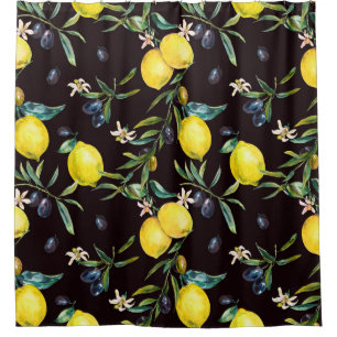 Watercolor lemon and olive branches seamless patte shower curtain