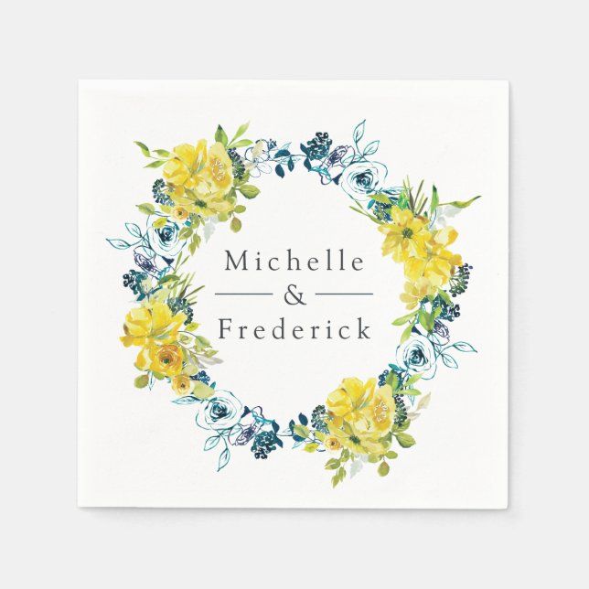 Watercolor Lemon and Turquoise Floral Wedding Napkin (Front)