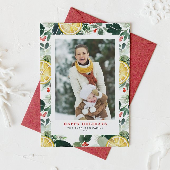 Watercolor Lemon and Winter Greenery Photo Holiday Card (Customizable Photo Holiday Card with Watercolor Lemon, Holly, and Winter Greenery)