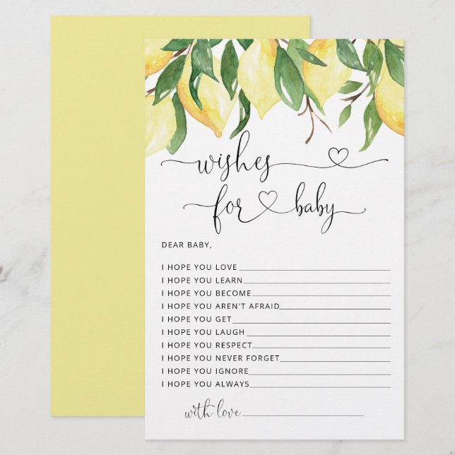 Watercolor Lemon Baby Shower Wishes for Baby Card (Front/Back)