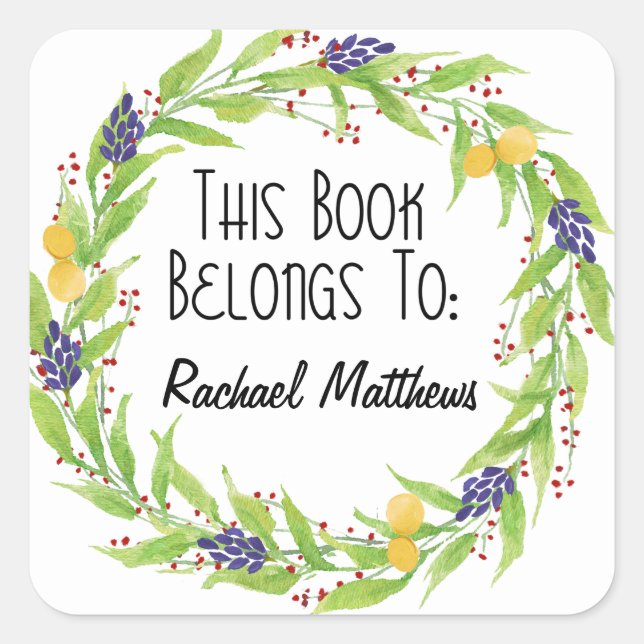 Watercolor Lemon Berry Wreath Bookplate Square Sticker (Front)