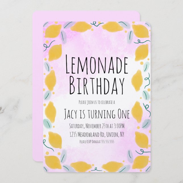Watercolor Lemon Birthday Pink Yellow Border Art Invitation (Front/Back)