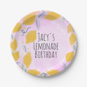 Watercolor Lemon Birthday Pink Yellow Border Art Paper Plate
