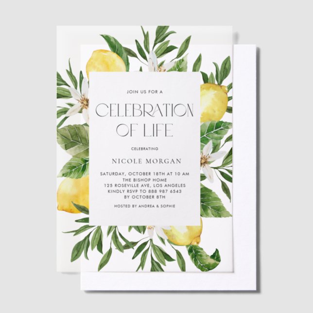 Watercolor Lemon Blossom Frame Celebration of Life Vellum Invitations (Offset)