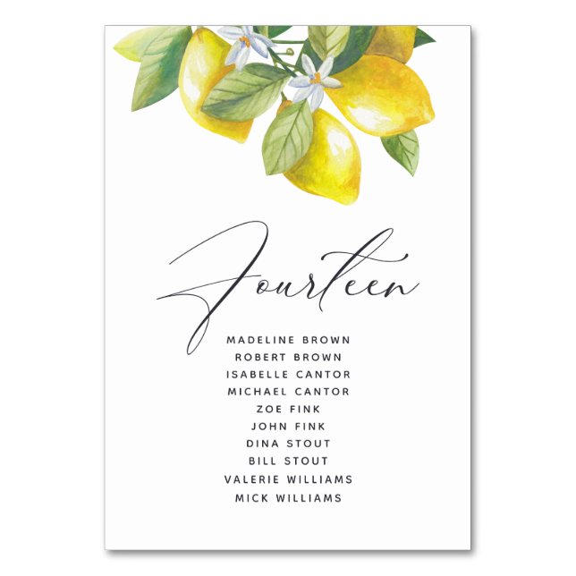 Watercolor Lemon Blossom Seating Chart Table Numbe Number (Front)