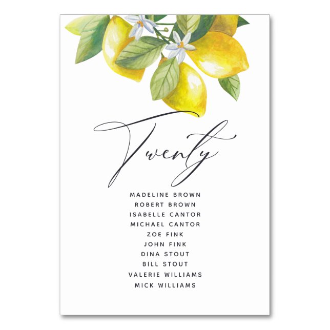 Watercolor Lemon Blossom Seating Chart Table Numbe Number (Front)