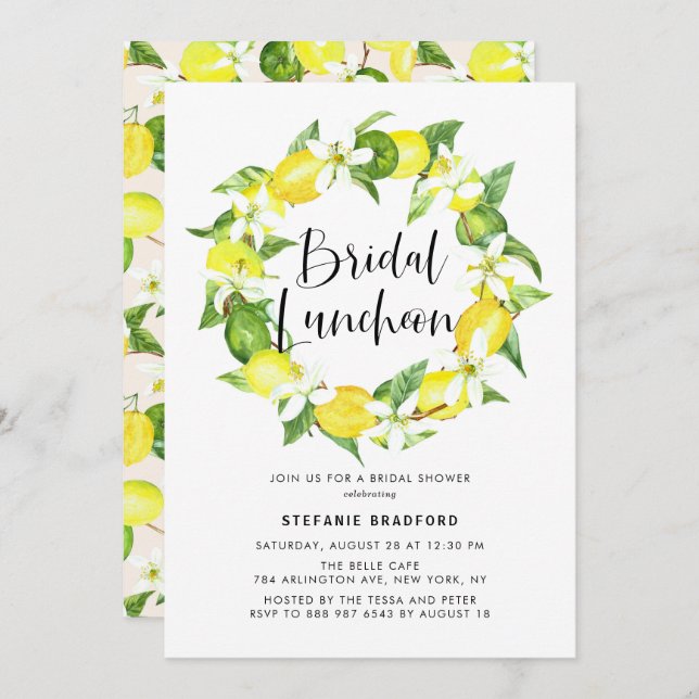 Watercolor Lemon Blossom Wreath Bridal Luncheon Invitation (Front/Back)