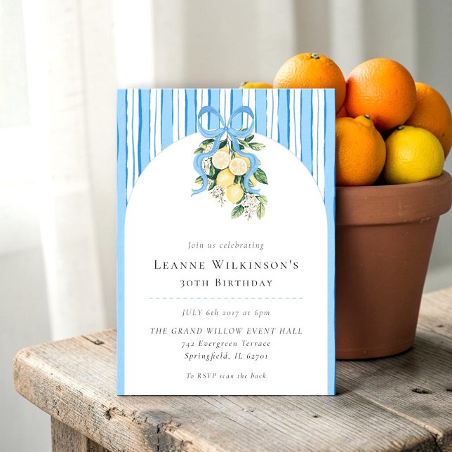 Watercolor Lemon Blue Bow Arch 30th Birthday  Invitation (Creator Uploaded)