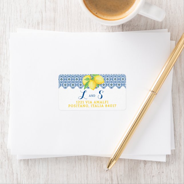 Watercolor Lemon Blue Mediterranean Tile Label (Insitu)