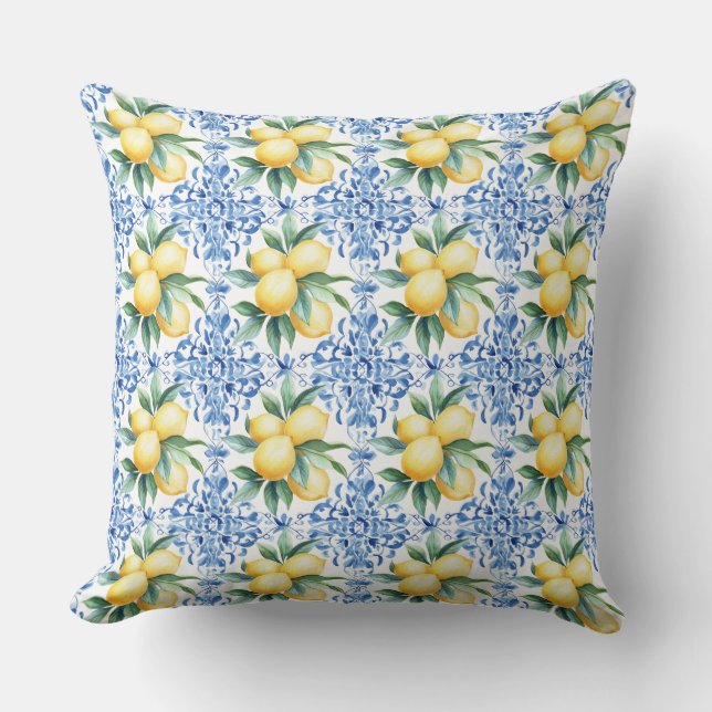 Watercolor Lemon Blue Throw Pillow (Front)