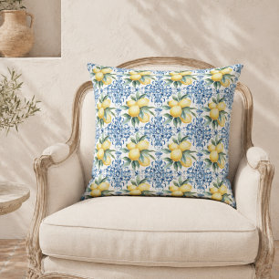 Watercolor Lemon Blue Throw Pillow