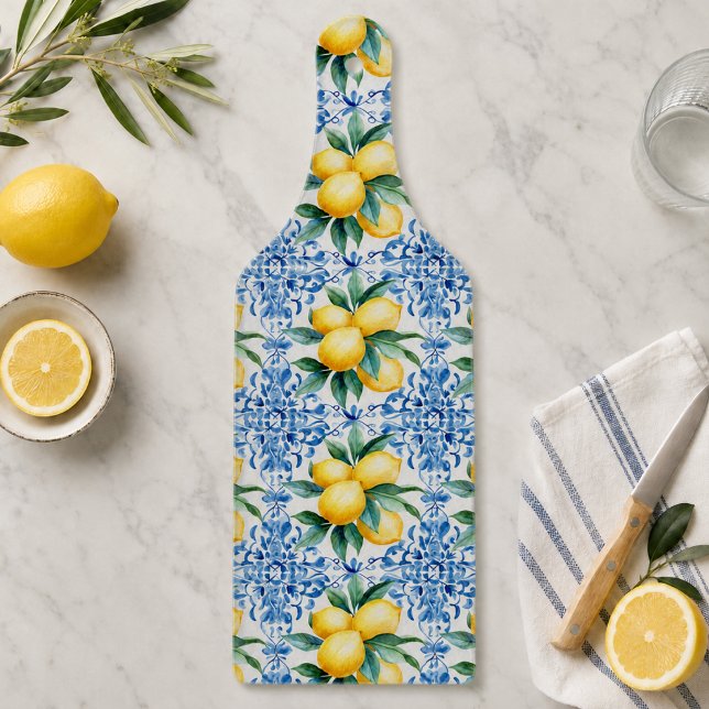 Watercolor Lemon Blue Tile Cutting Board (elegant mediterranean lemon blue tile cutting board)
