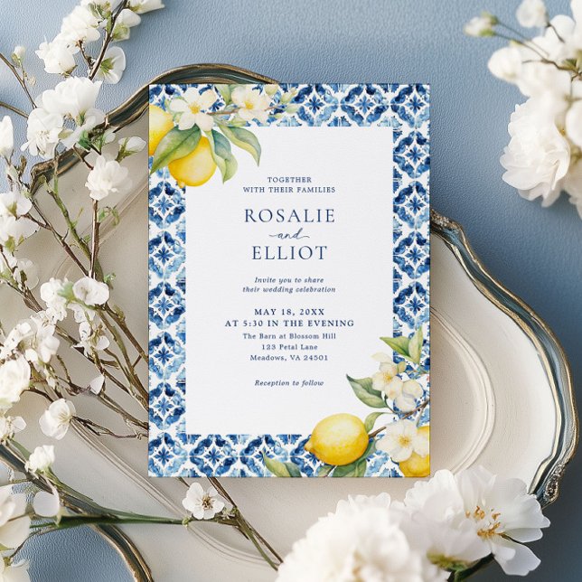 Watercolor Lemon Blue Tile Italian Wedding Invitation (Creator Uploaded)