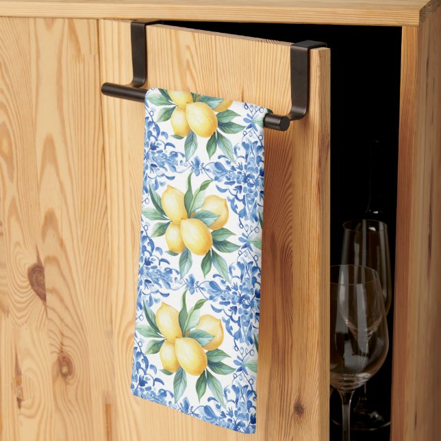 Watercolor Lemon Blue Tile Kitchen Towels (Thirds Fold)