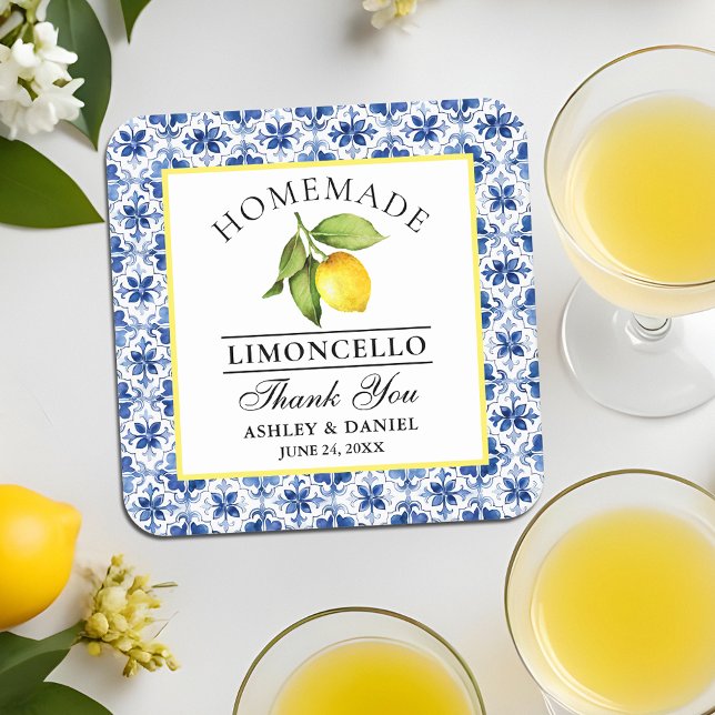 Watercolor Lemon Blue Tile Limoncello Wedding Square Paper Coaster (Customize to change text size, color or text style.)