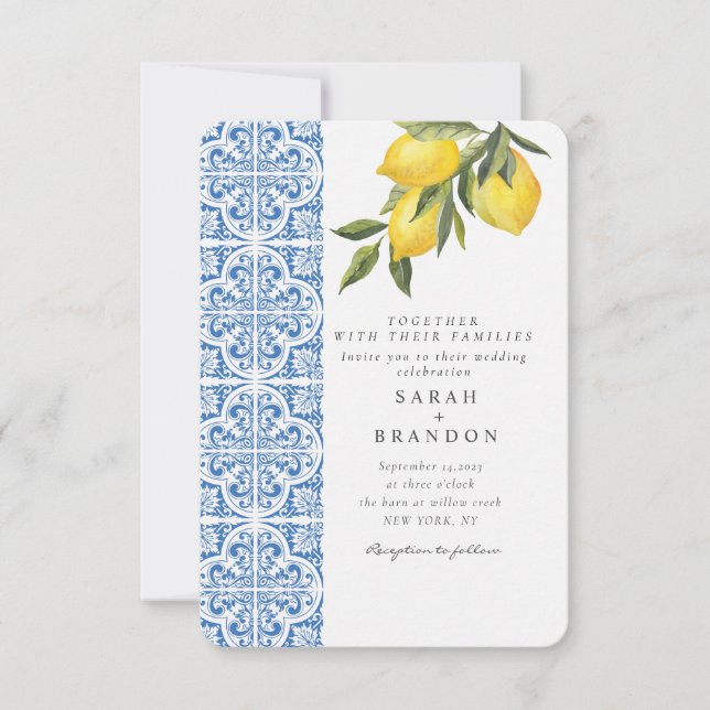 Watercolor Lemon Blue tile Mediterranean Wedding Invitation (Front)