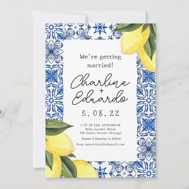 Watercolor Lemon  Blue tile Mediterranean Wedding Invitation (Front)
