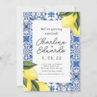 Watercolor Lemon Blue tile Mediterranean Wedding